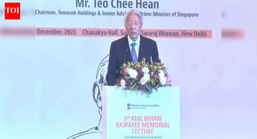 Singapore’s former Deputy Prime Minister Teo Chee Hean spoke in Delhi about the deep historical ties between Singapore and India. He mentioned Singapore’s name originates from Sanskrit, reflecting India’s early influence. The Indian diaspora has significantly shaped Singapore’s economy and culture. He also praised India’s sustainable development vision. Diplomatic relations were established in 1965. Singapore ex-deputy PM Teo Chee Hean NEW DELHI: Singapore’s former deputy Prime Minister Teo Chee Hean said his country’s name is derived from Sanskrit and noted that its ties with India are ‘deeply rooted in history.’Hean, who is the chairman of Singapore-based investment firm Temasek and serves as a senior advisor to Prime Minister Lawrence Wong, made the remarks in his speech at the 5th Atal Bihari Vajpayee Memorial lecture in Delhi on Tuesday.”The bond between the two nations is deeply rooted in history, as the name Singapore is derived from Sanskrit, reflecting India’s early influence in Southeast Asia. Modern Singapore was established by the British East India Company in 1819 and, until 1867, it was administered from Kolkata,” he said.“Bilateral relations between the two countries were elevated to foster a strategic partnership during PM Modi’s last visit to Singapore in September, reflecting their shared commitment to enhancing cooperation,” the former naval officer added.Hean also acknowledged the contributions of the Indian diaspora in the city-state, saying, “The Indian diaspora has constituted a significant share of Singapore’s migrant community, shaping our economy, culture, and the diverse social fabric we treasure today.”He further appreciated India’s approach to sustainable development: “India’s vision of ‘One Earth, One Family, One Future’ for inclusive, resilient, and sustainable development is a powerful rallying call in a fragmented world and resonates with us today.”Diplomatic relations between the two naitonss were established in August 1965, just fifteen days after Singapore gained independence.About the AuthorTOI News DeskThe TOI News Desk comprises a dedicated and tireless team of journalists who operate around the clock to deliver the most current and comprehensive news and updates to the readers of The Times of India worldwide. With an unwavering commitment to excellence in journalism, our team is at the forefront of gathering, verifying, and presenting breaking news, in-depth analysis, and insightful reports on a wide range of topics. The TOI News Desk is your trusted source for staying informed and connected to the ever-evolving global landscape, ensuring that our readers are equipped with the latest developments that matter most.”Read MoreEnd of ArticleFollow Us On Social MediaVideosPakistan Army Spokesperson Faces Backlash for Winking at Reporter in Viral VideoSingapore Leader Says India Achieved Reforms Once Seen Impossible, Praises Scale and Global ClarityImran Khan’s Sisters Allege Illegal Isolation, Stage Protest Outside Adiala JailRussian President Putin Praises India’s Unity in Diversity, Calls It A Blueprint For Big NationsUS Consumers Facing Food Inflation as Tariffs Hit Indian Rice Imports: Exporters Body’Singapura Derived From Sanskrit’: Singapore’s Ex-Deputy PM Highlights India’s InfluenceInterpol Blue Notice Explained: How CBI Tracks Absconding Luthra Brothers In Goa Nightclub Fire CaseIndia At The Centre: How The New US Security Blueprint Plans To Deepen Strategic Ties With DelhiBJP’s Nishikant Dubey Counters Rahul Gandhi, Accuses Cong Of Weakening India’s Key InstitutionsWhy Trump Accuses India Of Dumping Rice And What A New Tariff Shock Could Mean For Trade Relations123PhotostoriesNine Planets and Their Connection With Ramayana3 reasons to drink Apple Cider Vinegar, Fenugreek and Turmeric concoction daily; recipe insideWhich deity is guiding you right now? Your date of birth reveals the connectionSwitch Words According To Your Birth DateThe link between uric acid and sudden night foot pain10 motivating words kids should be taught earlyFrom ‘Terminator’ to ‘The Abyss’: 5 James Cameron films you need to watch before ‘Avatar: Fire and Ash’ drops in theatres12 Jyotirlinga temples you should visit as per your birth monthAura Cleansing Techniques Based On Your Birth Date5 life-changing lessons by the Dalai Lama that can transform your life123Hot PicksCandace OwensCharlie KirkWorld NewsGold rate todaySilver rate todayPublic Holidays NovemberBank Holidays NovemberTop TrendingGracie MansionUAE Player TimingAnthony Richardson InjuryTriston JarryVenus Williams and Andrea Net WorthSlient Hill 1 Remake Release DateRafael Nadal and Mery Net WorthTrey Benson Injury updateUPPSC PET ResultGurgaon Man Chicken Momos