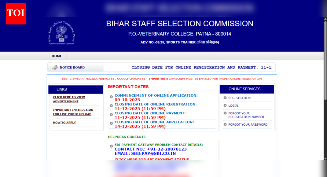 Bihar BSSC Sports Trainer recruitment 2025: Registration window closes soon for 379 posts; check direct link to apply and key details here