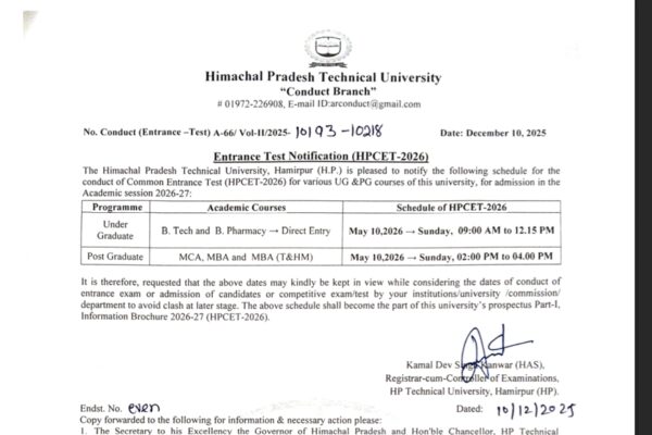 HPCET 2026 schedule announced at himtu.ac.in: Check details here