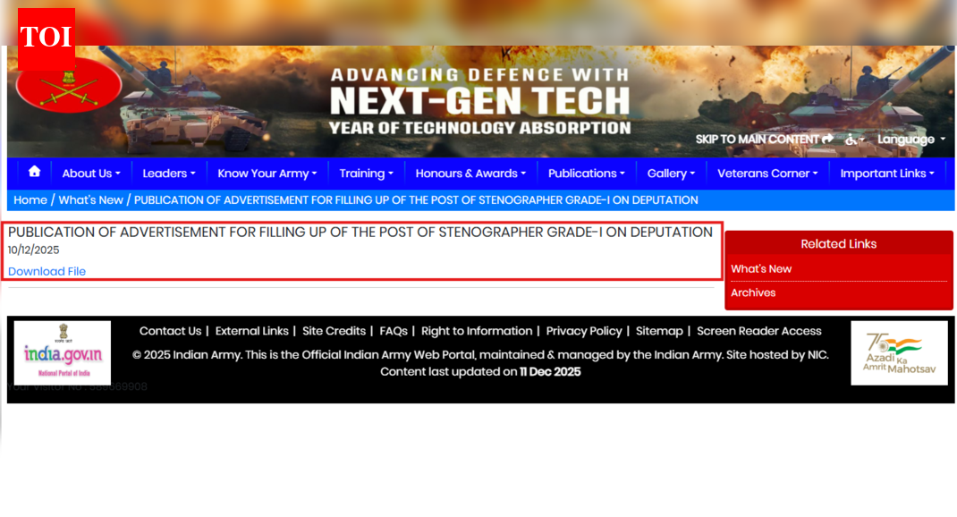 Indian Army Central Command invites applications for Stenographer Grade-I posts: Deputation-based vacancies announced