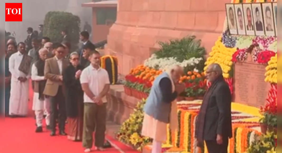 Prime Minister Narendra Modi and other leaders across parties paid solemn tribute to security personnel martyred in the 2001 Parliament terror attack.  Remembering their bravery and sacrifice, the nation reaffirmed its unwavering stance against terrorism.  The attack, which claimed 14 lives, was a stark reminder of the threats faced by the “temple of democracy.” Prime Minister Narendra Modi and other leaders across parties paid solemn tribute to security personnel martyred in the 2001 Parliament terror attack.  Remembering their bravery and sacrifice, the nation reaffirmed its unwavering stance against terrorism.  The attack, which claimed 14 lives, was a stark reminder of the threats faced by the “temple of democracy.” NEW DELHI: Prime Minister Narendra Modi on Saturday paid tribute to the security personnel who lost their lives in the 2001 Parliament terror attack.Prime Minister along with Vice President C P Radhakrishnan and other parliamentarians paid their tributes at Parliament.Leaders across parties joined the remembrance. Congress MP and Leader of the Opposition Rahul Gandhi arrived at Parliament to honour the fallen personnel, while Uttar Pradesh chief minister Yogi Adityanath remembered their sacrifice, calling the attack a brutal assault on the nation’s sovereignty. Union minister Nitin Gadkari also saluted the security forces who protected the “temple of democracy”.”Saluting the brave who laid down their lives on 13 December 2001 to protect the temple of democracy during the terrorist attack on the Parliament House. Their sacrifice for the protection of the nation will always be remembered.” Gadkari said.The Central Reserve Police Force also paid tribute to Constable Kamlesh Kumari of the 88 Battalion on the anniversary of the 2001 Parliament terror attack, remembering her courage and sacrifice.”Tribute to the Brave… On 13 December 2001, during the terrorist attack on the Parliament in Delhi, Constable Kamlesh Kumari of 88 Battalion, #CRPF, demonstrated indomitable courage and unparalleled valor by pursuing the terrorists amidst heavy firing and continuously providing information about their activities to her fellow personnel.” CRPF’s X post read.”Due to her courageous actions, all five terrorists were neutralized. During this incident, she sustained serious injuries and ultimately sacrificed her life on the altar of duty. For her indomitable courage and extraordinary bravery, she was posthumously awarded the Ashoka Chakra. The brave ‘balidani’ receives the eternal salutations of CRPF,” the post said.Defence minister Rajnath Singh also paid his tributes in a post on X, in which he wrote:”Remembering and paying heartfelt tributes to the brave security personnel who stood as an unbreakable shield during the cowardly terror attack on Parliament House. They laid down their lives to protect the soul of our democracy. Their courage, supreme sacrifice and unwavering sense of duty will forever live in the nation’s conscience and inspire India’s resolve.”On December 13, 2001, five terrorists linked to Lashkar-e-Taiba and Jaish-e-Mohammed stormed the Parliament complex, killing 14 people, mostly security personnel. Parliament reiterated its resolve to stand firm against terrorism. The terror attack took place around 40 minutes after Parliament was adjourned, and about 100 members were present in the building.With inputs from ANI.About the AuthorTOI News DeskThe TOI News Desk comprises a dedicated and tireless team of journalists who operate around the clock to deliver the most current and comprehensive news and updates to the readers of The Times of India worldwide. With an unwavering commitment to excellence in journalism, our team is at the forefront of gathering, verifying, and presenting breaking news, in-depth analysis, and insightful reports on a wide range of topics. The TOI News Desk is your trusted source for staying informed and connected to the ever-evolving global landscape, ensuring that our readers are equipped with the latest developments that matter most.”Read MoreEnd of ArticleFollow Us On Social MediaVideos’No Free Lift For India’: PM Modi’s Chief Economic Adviser Says China Won’t Repeat West’s MistakeMessi Lands In Kolkata At 2.26am, City Erupts As GOAT India Tour Sparks Midnight Frenzy Scenes Now!’No Place For Tukde Tukde Slogans’: RSS Chief Mohan Bhagwat Warns Against Divisive Language In IndiaIndia Speeds Up Visas For Chinese Businesses Amid Thaw In Ties; Beijing Calls It ‘Positive Move’India’s Ambassador To UNESCO Hails Inscription Of Diwali On Intangible Cultural Heritage ListPutin Keeps Sharif Waiting In Ashgabat, Desperate Pakistan PM Gate-Crashes Meeting With ErdoganIs Trump Planning A New Core-5 Superclub With India As Central Power? Inside The Buzz In WashingtonIMF’s New Conditions Expose Pakistan’s Deep Economic Faultlines Amid  Billion Rescue PackageLashkar Praises Munir’s CDF Elevation, Issues Threats To Kabul And Deepens Pakistan Proxy Crisis’Hindus Are Lathi-Charged’: Anurag Thakur Attacks Tamil Nadu Govt Over Karthigai Deepam Row123PhotostoriesDiscover the One-Word Aura Hidden in Your Birth DateWhen learning feels fun: The quiet power of curiosityEnergy boost to weight loss: 5 morning smoothies to start your day withLucky baby names for kids born on the 13th and their powerful meaningsSmart parenting 101: Helping your child thrive in school, hobbies, and lifeRamayana Shloka According To Your Date of Birth6 soul shifts that happen right before a major rebirth in your life5 easy ways to beat burnout and finally fix your work-life balanceSlim physique but a ‘beer belly’? Here’s how you are still at risk of heart damageHot cocoa benefits: 3 ways cocoa improves heart health, brain function, and inflammation123Hot PicksMukesh Ambani vs Gautam AdaniDonald TrumpAnurag ThakurGold rate todaySilver rate todayPublic Holidays NovemberBank Holidays NovemberTop TrendingSherrone MooreKell MooreH1B Fee HikeWho is Mia SoretyWho is Jeff ShiverNick FuentesDaniel JonesMeghan MarkleShehbaz SharifPaige Shiver Net Worth
