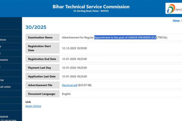 BTSC JE recruitment 2025-26 notification out: Apply online for 2809 civil, electrical, mechanical posts at btsc.bihar.gov.in