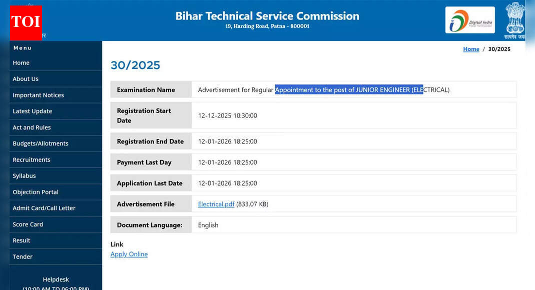 BTSC JE recruitment 2025-26 notification out: Apply online for 2809 civil, electrical, mechanical posts at btsc.bihar.gov.in