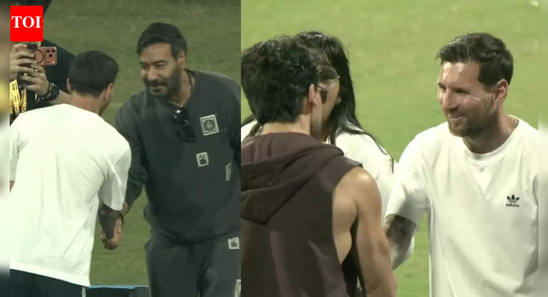 Ajay Devgn with son Yug Devgn and Tiger Shroff meet football legend Lionel Messi at Mumbai’s Wankhede Stadium, after Kareena Kapoor Khan and her children Taimur, Jeh – PICS inside