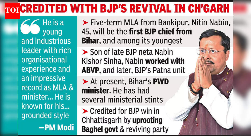 Appt Seen AsPrecursor ToElection As Prez .Appt Seen AsPrecursor ToElection As Prez.Appt Seen AsPrecursor ToElection As Prez.12 New Delhi: As far as dark horses go, Nitin Nabin’s elevation in the BJP organisation was as big a surprise as they come. The BJP parliamentary board on Sunday named the 45-year-old minister in the Bihar govt its working president, putting him on track to become the youngest to helm the party, though with considerable experience as a five-term MLA.His appointment is being seen as a precursor to his eventual election as the party’s national president in place of JP Nadda once the polling process is unveiled. The generous praise heaped on him by its brass, led by PM Narendra Modi, made it all but certain. . Nabin’s rise bears an unmistakable imprint of Modi, who is known for his out-of-box approach on weighty issues of governance and politics, and Amit Shah, and marks another generational change at the apex of BJP’s organisation, which underwent its first round of transformation after Modi’s elevation as the party’s mascot in 2013, with Shah in 2014 and Nadda in 2020 being entrusted with the organisational leadership.Modi praised him on X, saying, “Nitin Nabin has made his distinct identity as a dedicated worker. He is a young and hardworking leader who has a considerable organisational experience. His work as an MLA and minister in Bihar has been very effective, and he has worked with complete dedication to fulfil people’s aspirations. He is known for his humble nature and grassroots work.”End of ArticleFollow Us On Social MediaVideosBihar Minister Nitin Nabin Appointed National Working President Of BJP‘Amit Shah’s Hands Were Shaking’: Rahul Gandhi Hits Out At BJP-RSS, Warns EC In ‘Vote Chori’ Rally‘Didn’t Go For Son’s Operation’: Kharge Lauds Rahul Gandhi In ‘Vote Chori’ Rally, Calls BJP ‘Gaddar’Messi Kolkata Event Chaos: Organiser Satadru Dutta Denied Bail, Sent To 14-Day Police CustodyVIPs First, Fans Later: Messi’s Kolkata Tour Flop Exposes Misplaced PrioritiesRahul Gandhi Posts Video With Messi During Hyderabad GOAT India Tour StopTharoor Warns India Faces Growing Anti-Migrant Sentiment, Says “It’s Not Just In The West”Bhutia hits out at VIP culture, says Messi Kolkata chaos tarnishes India’s imageRam Temple Trust Prepares For Massive Pilgrim Rush As Ayodhya Eyes Kumbh-Scale CrowdsAssam CM Himanta Biswa Sarma Slams VIP Culture After Messi Event Chaos in West Bengal123PhotostoriesBoiled potato vs fried potato: How does cooking style impact blood sugar levelsLavanya Tripathi birthday special: Her best fashion momentsThis is how chia seeds impact blood pressure: 5 facts to know before consuming themFrom ‘Fa9la’ to ‘Eena Meena Deeka’: When Indian audiences went crazy for unconventional lyricsNewlyweds Sara Khan and Krish Pathak’s gorgeous snaps from their honeymoon10 major currencies in the world every traveller should know aboutChef Sanjeev Kapoor’s must-try air fryer recipes this winterLuna to Mochi: Adorable dog names trending right nowThis Bollywood epic took 23 years to make, lost its actors and director along the way, was called cursed, released unfinishedAlbert Einstein once said, “You never fail until you stop trying”: 5 important lessons it teaches students123Hot PicksMukesh Ambani vs Gautam AdaniDonald TrumpAnurag ThakurGold rate todaySilver rate todayPublic Holidays NovemberBank Holidays NovemberTop TrendingDelhi SchoolJohn CenaMessi Kolkata EventKyle TuckerMLB Trade RumorsBoston Red SoxDelhi AQIKVS Recruitment 2025Messi Event Organiser Satadru DuttaWho is Paige Shiver