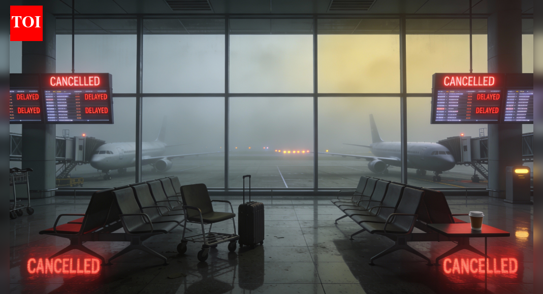 Dense fog crippled Delhi’s airport on Monday, leading to 228 flight cancellations and five diversions.  Visibility plummeted, impacting operations under CAT III conditions.  Authorities urged passengers to check flight status, prioritizing safety amidst the severe air quality and persistent smog.  Airlines also issued advisories, warning of schedule disruptions. Representative image (AI-generated)  NEW DELHI: Flight operations at Delhi’s Indira Gandhi International Airport were severely disrupted on Monday as dense fog and low visibility led to the cancellation of around 228 flights, with five others diverted, airport authorities said.According to Delhi Airport, the cancellations included 131 departing flights and 97 arriving flights, as visibility levels dropped sharply across the national capital during the early hours of the day. Flight operations are currently being conducted under CAT III conditions, which allow aircraft to land in extremely low visibility but often result in delays and cancellations.Earlier in the day, the ministry of civil aviation issued a travel advisory, urging passengers to check the latest flight status with their airlines before heading to the airport. In a post on X, the ministry said Air Traffic Control and ground teams were “working tirelessly” to minimise disruption, while emphasising that passenger safety remained the top priority.”Heavy Fog Alert for Northern India. Delhi (DEL) & other airports in Northern India are experiencing dense fog, severely affecting visibility.For Passengers: Before heading to the airport, please check the latest flight status with your airline. Check flight information on the airport website/app. Please allow extra travel time,” civil aviation ministry said.”Safety is our top priority. Our teams & ATC are working tirelessly to minimize disruptions. Thank you for your patience and cooperation,” it added.Airlines, including IndiGo and Air India, also issued advisories warning that dense fog over Delhi and other parts of northern India could impact schedules. IndiGo said it was closely monitoring weather conditions and urged passengers to regularly check flight updates through official channels, assuring support from its ground and customer service teams. Air India similarly advised passengers to verify flight status before travelling to the airport.The disruption came as Delhi remained shrouded in thick smog and fog, sharply reducing visibility and worsening air quality. The city’s Air Quality Index (AQI) remained in the ‘severe’ category, with readings reported as high as 498, close to the maximum possible level of 500. Several monitoring stations recorded ‘severe’ air quality, with residents complaining of breathlessness, low visibility and heightened health risks.Pollution levels had worsened from Sunday, when the AQI climbed to 461, marking Delhi’s most polluted day this winter and the second-worst December air quality day on record. Weather officials warned that poor visibility and air quality conditions were likely to persist in the coming days.Authorities have advised residents, especially children, the elderly and those with respiratory ailments, to take necessary precautions as the capital continues to battle extreme pollution and fog-related disruptions.About the AuthorTOI News DeskThe TOI News Desk comprises a dedicated and tireless team of journalists who operate around the clock to deliver the most current and comprehensive news and updates to the readers of The Times of India worldwide. With an unwavering commitment to excellence in journalism, our team is at the forefront of gathering, verifying, and presenting breaking news, in-depth analysis, and insightful reports on a wide range of topics. The TOI News Desk is your trusted source for staying informed and connected to the ever-evolving global landscape, ensuring that our readers are equipped with the latest developments that matter most.”Read MoreEnd of ArticleFollow Us On Social MediaVideosUS Starts Mandatory Social Media Checks For H-1B Visas Leaving Indian Professionals Most ExposedBJP’s Succession Script Repeats: Why Nitin Nabin Is Working President, And Not Nadda’s ReplacementEnd Of MGNREGA? What VB–G Ram G Means For Rural Workers, Farmers And Viksit Bharat PlanFrom Missiles To Torpedoes, DRDO Outlines India’s Big Defence Push For Near-Term Battlefield EdgePM Modi Begins Jordan, Ethiopia, Oman Tour To Boost Ancient Ties, Expand India’s Global South RoleIndian Diaspora Members Prepare Cultural Performances Ahead Of PM Modi’s Jordan VisitFrom Power Cuts To 500 GW Grid, India Emerges As Global Data Centre Hub Under Modi: Piyush GoyalCong’s ‘Modi Teri Kabr Khudegi’ Slogan Sparks Uproar, NDA Seeks Apology As Parliament Grinds To Halt”Abusing PM Does Not Befit” Rijiju Seeks apology From Congress Over Anti-Modi SlogansYogi Adityanath Targets Nehru Over Kashmir, Links Historic Blunder To India’s Long Terror Crisis123Photostories‘Damini’, ‘OMG! Oh My God’, ‘Prem Rog’: Bollywood movies that sparked social change and redefined mainstream storytelling5 pet fish that change colour and why it happens6 Traditional egg curries from different parts of the countryAnkita Lokhande and Vicky Jain’s love story: From being close friends to getting remarried in EuropeUttarakhand Govt announces snow leopard tour to boost winter tourism; 5 other Indian spots to see the Big CatMrunal Thakur’s colourful Paithani saree is a bold love letter to Maharashtrian cultureFrom ethnic glam to chic streetwear: ‘Bigg Boss 19’ fame Farrhana Bhatt’s fashion diaryWhat is binge eating disorder and how to fix it?9 Auspicious Symbols According To Your Birth Date‘Housefull 5’, ‘Sikandar’, ‘Nadaaniyan’: 2025 films that struggled to make an impact at the box office123Hot PicksBondi beach attackCorona RemediesJetBlue flight VenezuelaGold rate todaySilver rate todayPublic Holidays NovemberBank Holidays NovemberTop TrendingDelhi SchoolMLB Trade RumorsNFL PlayoffPhilip River KidsLuka Modric and Vanja Bosnic Net WorthBoston Red SoxDelhi AQILebron JamesDelarum PouyabaharWho is Paige Shiver