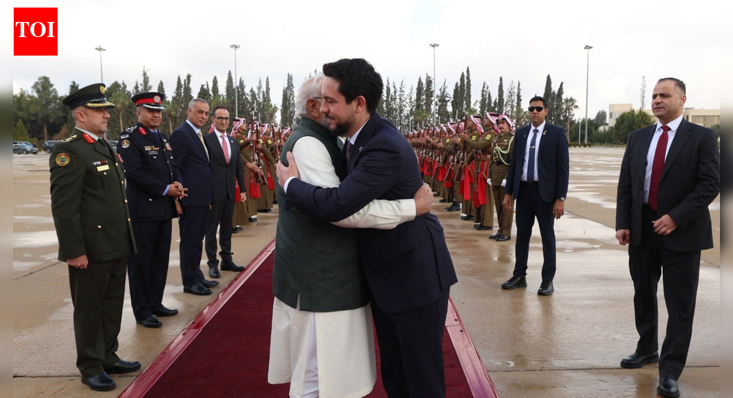 Prime Minister Narendra Modi concluded a productive two-day visit to Jordan, marking 75 years of diplomatic ties. Discussions with King Abdullah II and Crown Prince Al-Hussein bin Abdullah II strengthened cooperation in renewable energy, water management, and digital transformation. The visit underscored the warm and growing India-Jordan partnership. In a warm gesture, PM Modi hugs Crown Prince Al-Hussein bin Abdullah II (Image/X@narendramodi)  NEW DELHI: Prime Minister Narendra Modi on Tuesday concluded his landmark two-day visit to Jordan, marking 75 years of diplomatic relations between the two countries. He thanked Crown Prince Al-Hussein bin Abdullah II for personally bidding him farewell at the airport, calling the visit “immensely productive”.Sharing departure photographs on X, the Prime Minister said the visit had further strengthened India-Jordan ties across key sectors, while also acknowledging the rare diplomatic gesture shown by the Jordanian leadership.In his post, PM Modi wrote: “My visit to Jordan has been immensely productive. I thank His Majesty King Abdullah II and the people of Jordan for their exceptional friendship.Our discussions have strengthened the India-Jordan partnership across key areas such as renewable energy, water management, digital transformation, cultural exchanges and heritage cooperation. IPL Auction 2026MI, RR, CSK, KKR: As it happened – How Green became a ‘Knight’ after intense bidding warIPL Auction: After Rs 25.2cr Green splurge, KKR land Pathirana for Rs 18cr; Bishnoi to RR for Rs 7.2crIPL 2026 team and squad List: Updated players for all 10 Teams; who got whomThe outcomes we have achieved together will open new avenues for progress and prosperity for our citizens.Am also thankful to His Royal Highness Crown Prince Al-Hussein bin Abdullah II for coming to the airport as I leave Jordan.”Earlier during the visit, the Prime Minister held delegation-level talks with King Abdullah II at the Husseiniya Palace in Amman, where both leaders reviewed the full spectrum of bilateral relations and exchanged views on regional developments, including Gaza and counter-terrorism cooperation.PM Modi praised Jordan’s firm stand against terrorism and extremism, recalling past engagements with the King on global platforms. He also highlighted Jordan’s constructive role in promoting regional stability and moderation.During his stay, PM Modi described his interaction with the Crown Prince as meaningful and forward-looking. In another post, the Prime Minister said he was impressed by the Crown Prince’s contributions to youth development, sports, space, innovation and social welfare.“During my visit to Jordan, I had the honor of an extended meeting with His Royal Highness Crown Prince Al-Hussein bin Abdullah II. His passion for Jordan’s progress is clearly evident… which is truly commendable. I wish him every success in his endeavors aimed at bolstering Jordan’s path of growth,” PM Modi wrote.In a rare gesture underscoring the warmth of ties, the Crown Prince personally drove PM Modi to the Jordan Museum, where the Prime Minister was briefed on the country’s history and cultural heritage. PM Modi later thanked the Crown Prince for presenting various aspects of Jordan’s heritage during the visit.This is Prime Minister Modi’s first full-fledged bilateral visit to Jordan. He had earlier transited through the country in February 2018 while en route to the State of Palestine.“Even though it was a transit visit, exceptional courtesies were accorded to him by His Majesty the King, making it more than just a transit visit. The current full bilateral visit is taking place after an interval of 37 years. India and Jordan share warm and friendly relations marked by mutual trust and goodwill. The relationship spans political, economic and defence cooperation, as well as strong people-to-people ties,” Ministry of External Affairs (MEA) Secretary (South) Neena Malhotra said ahead of the visitIndia and Jordan maintain strong economic and strategic ties, with bilateral trade nearing USD 2.9 billion and cooperation spanning fertilisers, pharmaceuticals, IT, healthcare, defence and renewable energy. Jordan is also a key supplier of phosphates and potash to India.The visit to Jordan was the first leg of PM Modi’s four-day, three-nation tour. He will next travel to Ethiopia, followed by Oman, as India seeks to deepen engagement with partners across West Asia and Africa.About the AuthorTOI News DeskThe TOI News Desk comprises a dedicated and tireless team of journalists who operate around the clock to deliver the most current and comprehensive news and updates to the readers of The Times of India worldwide. With an unwavering commitment to excellence in journalism, our team is at the forefront of gathering, verifying, and presenting breaking news, in-depth analysis, and insightful reports on a wide range of topics. The TOI News Desk is your trusted source for staying informed and connected to the ever-evolving global landscape, ensuring that our readers are equipped with the latest developments that matter most.”Read MoreEnd of ArticleFollow Us On Social MediaVideosPM Modi Pitches New Economic Corridor As King Abdullah Praises India’s Growth At Jordan Forum MeetPriyanka Gandhi Targets VB-G RAM G Bill Over MGNREGA, Blasts Centre’s Name Change TacticsSonia Gandhi Targets Modi Govt On ASHA, Anganwadi Workers In Rajya SabhaNational Herald Case: Court Declines To Act On ED Chargesheet, Congress Claims Truth Has PrevailedEverything Fine, Says Shashi Tharoor After Skipping Congress Rally Amid Growing Speculation of RiftDelhi-Agra Expressway Crash: Multiple Buses Catch Fire, 4 Dead, 25 InjuredPM Modi Praises Jordan’s Fight Against Terrorism As India And Jordan Strengthen Strategic RelationsIndia Slams Pakistan As ‘Global Epicentre Of Terror’, Vows To Counter Pak-Sponsored Attacks At UNNIA Names Pakistani Handler Sajid Jatt In Pahalgam Terror Attack ChargesheetIndian Army Displays Turkish Yiiha Drone Used By Pakistan During Operation Sindoor123Photostories10 words people googled the most in 2025 as per Google Trends reportMumbai–Pune: Where Shivaji once triumphed, engineers now build India’s tallest cable-stayed bridge8 common mistakes people mostly commit while worshipping the Tulsi plantFrom Akshaye Khanna, Emraan Hashmi, Madhuri Dixit: 2025 saw Bollywood’s favourite actors return to theatres and capture audience attention againDeadly, congested, chaotic: 27km Salem-Kochi highway stretch faces urgent overhaulFSSAI launches egg safety drive: What is it and how it is going to help customersVijay Diwas 2025: 6 powerful quotes honouring our brave soldiers !Things To Avoid On Your Birthday According To Your Birth DateLost, tired, angry: Scenes of confusion as Bengaluru (KIA) airport enforces new cab pickup zonesChennai’s Anna Nagar parking revamp to add 2,100 marked bays, ease congestion and curb roadside chaos123Hot Picksilia TopuriaCorona RemediesJetBlue flight VenezuelaGold rate todaySilver rate todayPublic Holidays NovemberBank Holidays NovemberTop TrendingJosh AllenAuston MatthewsVanessa BryantJalen Hurts Wife Net WorthBukayo Saka and Tolami Benson Net WorthConnor McDavidVenkatesh iyerMatheesha PathiranaSOF ICO resultFortnite Bleach Characters