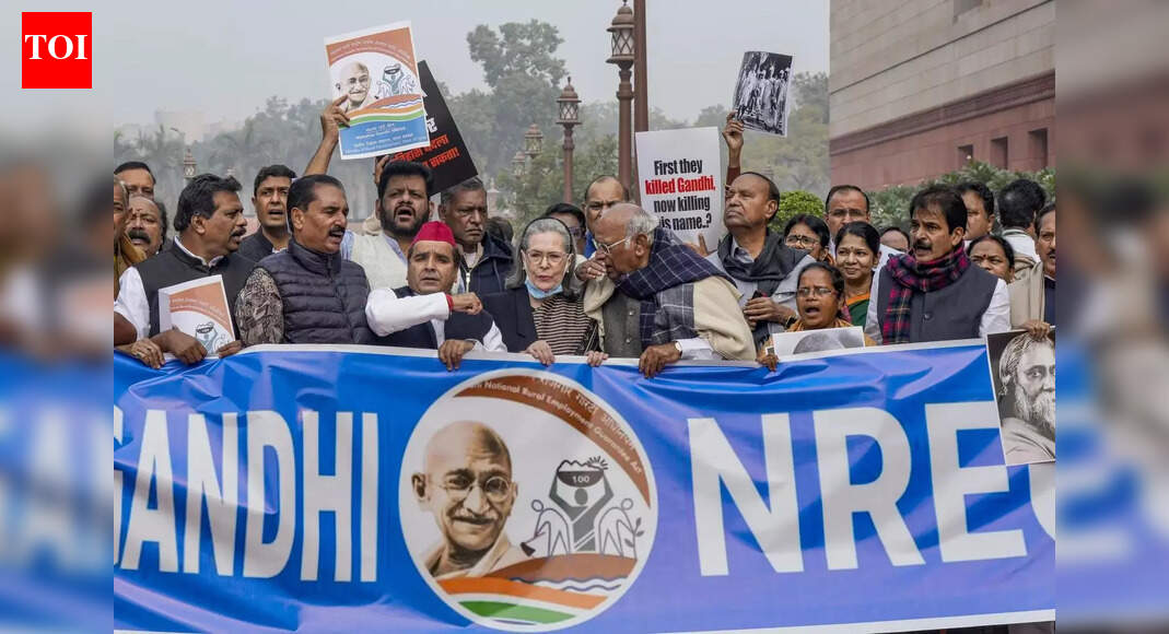 NEW DELHI: The passage of the contentious ‘VB-G RAM G’ bill in Parliament has set the stage for protest politics. As Modi govt rebuffed pressure to refer the bill to the standing committee on rural development for vetting, Congress MP Saptagiri Ulaka told TOI that BJP was wary of the panel because it is headed by him, an opposition member.In what signals a Congress bid to turn the “dilution” of jobs guarantee into a nationwide rallying cry against BJP, Congress Working Committee will discuss MGNREGA at a special session on Dec 27. Sources said a plan for protest may also be discussed during the brainstorming. The joint opposition Thursday took out a march in the Parliament complex, with MPs walking behind a huge banner of “Mahatma Gandhi – NREGA”, raising slogans against the govt.Ulaka told TOI, “The only reason why govt was scared of the standing committee on RD is that a Congress MP is its chairman. They just wanted to avoid it. They were scared because of the reports we have been submitting. They were worried, though I don’t know why.”He said BJP’s partisan considerations are the reason why Modi govt prefers to send legislations to JPCs instead of standing committees, because the former are headed by “dummies” with whom “things get done”. Ulaka wrote to Speaker Om Birla that the bill be sent to his panel for scrutiny, while the opposition voiced demand during the debate on the legislation.There is a belief in Congress that it can use ‘disbanding’ of MGNREGA to reach out to the rural poor and create an agitation on the lines of the one in 2015 against Modi govt’s proposed amendments to Land Acquisition Amendment Act, that forced the governing party to roll back its plan. The CWC tone will decide if the party has the appetite for mass mobilisation, given that it has struggled to mount a serious resistance against BJP in the recent months. It will also discuss SIR in poll-bound states.Opposition did exhibit serious intent amid Parliament discussion on G Ram G Thursday, as a large contingent of MPs took out a march from Gandhi statue to main Parliament entrance. The march included INDIA bloc’s Mallikarjun Kharge, K C Venugopal, Kanimozhi, T R Baalu, N K Premachandran, Naseer Hussain, A Raja, John Brittas, E T Mohammed Basheer, Arvind Sawant, among others. Sonia Gandhi and Priyanka Gandhi Vadra also joined the protest.Kharge said, “Against this tyranny of the dictatorial govt, we will fight from Parliament to the streets.”End of ArticleFollow Us On Social MediaVideos’Abrupt Variation In Chenab River Flow’: Pakistan Cries Over Indus Water Treaty Suspension’Asking Since June…’: Priyanka Gandhi, Nitin Gadkari Share ‘Appointment’ Banter In Lok Sabha’Possibilities For Expansion’: Argentinian Envoy On Trade Partnership With IndiaCM Mamata Banerjee Renames West Bengal’s Job Guarantee Scheme ‘Karmashree’ After Mahatma GandhiNitish Kumar’s Hijab Shocker: BJP MP Giriraj Singh Defends Bihar CM’s Act With ‘Go To Hell’ RemarkIndia Flags Pakistan Role In Bangladesh Protests, Backs Awami League Demand For Free & Fair PollsIndia’s Silent Exodus: Over Two Lakh Indian Citizens Quit Passports Yearly Amid Changing AspirationsApache AH-64e And Prachand Give India A Two-Front Air Strike Edge From Deserts To High HimalayasLok Sabha Passes Viksit Bharat G Ram G Bill Amid Protests, Opposition Tears Copies Over Gandhi Name‘Worst Is Behind Us’: IndiGo CEO Says Airline Back on Track After Operational Crisis123PhotostoriesWinter’s hidden heart hazard: Why cold snaps spike attacksHealthy and delicious snacks under 100 calories for midnight munching8 insanely beautiful Indian destinations to cover before the year ends5 yoga asanas that can help control uric acid naturally6 reasons to eat ripe papaya daily for breakfastDipika Kakar breaks down during her first PET scan after liver cancer surgery; tells Shoaib, ‘I can’t do this without you’Dog breeds that (almost) never bite kidsThese 5 living animals once walked the earth with dinosaurs5 almond recipes for your little one’s brain health5 things the parents of happy kids do differently123Hot PicksTrump Gold CardUAE WeatherIndia Oman TradeGold rate todaySilver rate todayPublic Holidays DecemberBank Holidays DecemberTop TrendingPuka Nacua InjuryAnthony Richardson InjuryJosh Allen Car CollectionKobe BryantPatrick Mahomes InjuryUGC Net Exam ScheduleRavi BishnoiNidhhi AgerwalStephen Curry NBA ContractNBA Cup Banner
