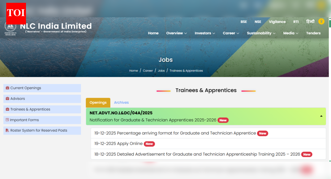 NLC Apprentice recruitment 2025: Registration begins for 575 posts; check direct link to apply here