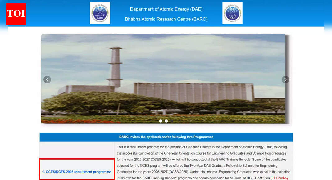 BARC Scientific Officer recruitment 2026: Apply online for OCES and DGFS training schemes at barcocesexam.in