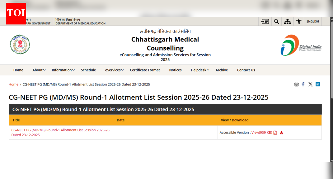 Chhattisgarh NEET PG counselling 2025 round 1 seat allotment result released: Direct link to download here