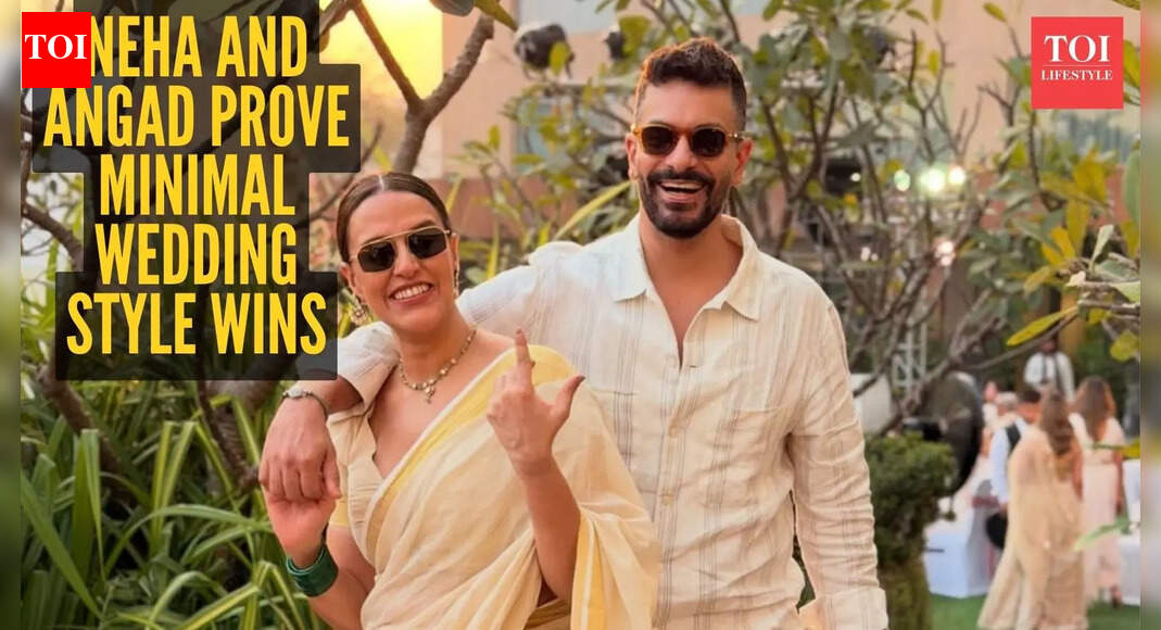 Neha Dhupia and Angad Bedi’s low-key wedding guest style: Kasavu saree and co-ord set