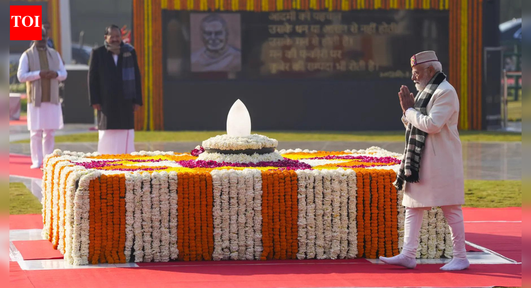 PM Modi offers homage (PTI image)  NEW DELHI: Prime Minister Narendra Modi on Thursday paid tributes to former PM Atal Bihari Vajpayee on his 101st birth anniversary at the ‘Sadaiv Atal’ memorial. Viajpayee, who is also a Bharat Ratna recipient is one of India’s most respected leaders remembered for his conduct, dignity and unwavering commitment to national interest.In a post on X, the Prime Minister wrote, “The birth anniversary of the esteemed Atal Ji is a special occasion for all of us to draw inspiration from his life. His conduct, dignity, ideological steadfastness, and resolve to place the nation’s interest above all serve as an ideal standard for Indian politics. Through his life, he demonstrated that excellence is established not by position, but by conduct, and it is that which guides society.”Several other leaders also paid tribute to the former PM, whose birthday is observed as Good Governance Day. President Droupadi Murmu, Vice President CP Radhakrishnan, former Vice President M Venkaiah Naidu, Lok Sabha Speaker Om Birla, Union Minister JP Nadda, BJP National Working President Nitin Nabin, Delhi CM Rekha Gupta and other dignitaries offered floral tributes at the memorial.Prime Minister Modi is scheduled to visit Lucknow later in the day to inaugurate the Rashtra Prerna Sthal and address a public gathering. Spread over 65 acres at an estimated cost of Rs 230 crore, the memorial honours towering figures of independent India, including Dr Syama Prasad Mookerjee, Pandit Deendayal Upadhyaya, and Atal Bihari Vajpayee. A key highlight is the installation of 65-foot-high bronze statues, alongside a state-of-the-art, lotus-shaped museum spanning nearly 98,000 square feet, showcasing India’s national journey and the contributions of these visionary leaders.Atal Bihari Vajpayee, a founding member of the Bharatiya Janata Party (BJP), served as India’s Prime Minister three times, briefly in 1996 and then from 1998 to 2004. He was born on December 25, 1924 in Gwalior, Madhya Pradesh. He passed away on 16 August 2018 at AIIMS, Delhi, at the age of 93. His birthday is observed annually as Good Governance Day to honour his commitment to principled leadership and public service.About the AuthorTOI News DeskThe TOI News Desk comprises a dedicated and tireless team of journalists who operate around the clock to deliver the most current and comprehensive news and updates to the readers of The Times of India worldwide. With an unwavering commitment to excellence in journalism, our team is at the forefront of gathering, verifying, and presenting breaking news, in-depth analysis, and insightful reports on a wide range of topics. The TOI News Desk is your trusted source for staying informed and connected to the ever-evolving global landscape, ensuring that our readers are equipped with the latest developments that matter most.”Read MoreEnd of ArticleFollow Us On Social MediaVideosKarnataka Bus Tragedy: More Than 20 Killed As Sleeper Coach Turns Into Fireball After Crash On NH-48Bangladesh Situation Remains Very Fluid as Unrest Grows Ahead of 2026 Elections: Journalist”Stop This Nonsense…”: Tharoor Lambasts Bangladesh Govt Over Lynching of Hindu ManEnd Of H-1B Lottery: Donald Trump Overhauls US Work Visa System Prioritising High Pay And SkillsISRO’s Heaviest Launch Yet: Five Reasons Why BlueBird-2 Marks India’s Big Leap In Global Space Race‘Mouths shut when Hindus are killed’: Yogi targets opposition in Assembly”We Are Not Safe…” Unnao Rape Victim’s Mother Manhandled, Protest StoppedIndian Travel Vlogger Anant Mittal Held In China, Comments On Arunachal Pradesh Trigger DetentionFrom Pride To Distress Sale: Pakistan Sells State-Owned PIA For Rs 135 Billion As Economy BucklesCalm With India, Weapons For Pakistan: Pentagon Report Warns Of China’s Strategic Balancing Act123Photostories10 purple foods so nutritious they deserve a daily place on your plateBaby names that means FA9LATulsi Name For You Based On Your Date of BirthThis place has been ranked as the world’s best country for retirement8 easy and tasty Christmas recipes to make in an air fryerWhat does it mean when a toddler talks to toys?Inside Bharti Singh and Haarsh Limbachiyaa’s cosy Mumbai home‘Chhaava’, ‘Dhurandhar’ to ‘Saiyaara’: A year of genre-diverse releases of Bollywood in 2025The health tests doctors say you shouldn’t skip before 2026From ‘My Secret Santa’ to ‘Meet Me Next Christmas’: Best Christmas movies to watch on OTT123Hot PicksUAE WeatherPAN-Aadhaar linkingKarbi Anglong CurfewGold rate todayIncome Tax RefundPublic Holidays DecemberBank Holidays DecemberTop TrendingTaylor SwiftPaul RuddPatrick MahomesMegan Thee Stallion Net Worth 2025Travis KelceJoel EmbiidSavannah James Net WorthSophie CunninghamDrew McIntyre and Kaitlyn Frohnapfel Net WorthKhamzat Chimaev
