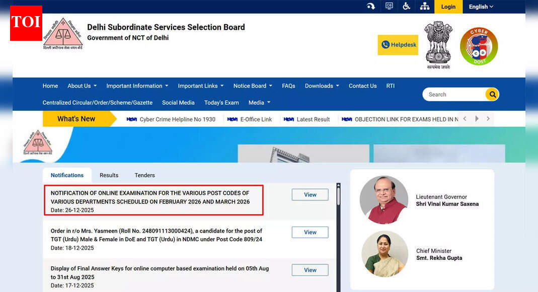 DSSSB online exam schedule February–March 2026 released for Assistant Teacher, PGT, TGT and other posts; download PDF here