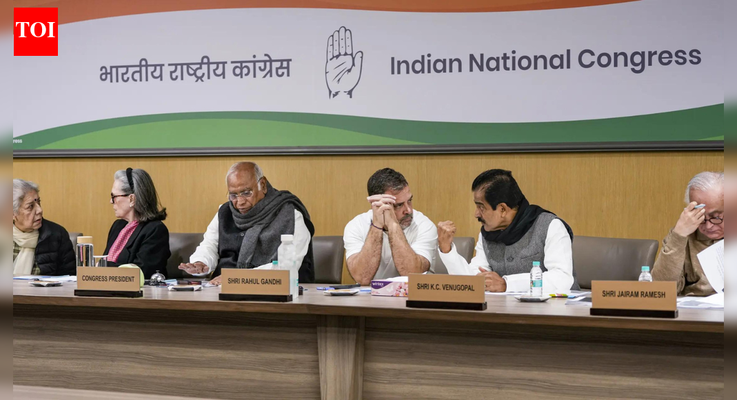 NEW DELHI: Top Congress leaders huddled up in Delhi after key meeting of working committee (CWC) was intervened to deliberate the current political situation and party’s plan of action against the government.This is the first meeting after the grand-old-party suffered a drubbing in the Bihar assembly election in November. The meeting was chaired by Congress president Mallikarjun Kharge, while senior party leaders including Congress parliamentary party chairperson Sonia Gandhi and leader of opposition in Lok Sabha and former party president Rahul Gandhi, besides chief ministers of the Congress-ruled states of Karnataka, Telangana and Himachal Pradesh.Presidents of Pradesh Congress Committees (PCC) are also present at the meeting.According to news agency PTI, the party is expected to finalise its agitation plan against the government over the repeal of the Mahatma Gandhi National Rural Employment Guarantee Act, 2005.The Viksit Bharat-Guarantee for Rozgar and Ajeevika Mission (Gramin) Bill to replace the UPA-era MGNREGA was passed in Parliament in the recently concluded Winter session and President Droupadi Murmu has already given her assent to it.The meeting also comes ahead of next year’s assembly polls in Assam, Kerala, West Bengal, Tamil Nadu and Puducherry.Shashi Tharoor attends meetAmid the ongoing tussle with Congress leadership, Thiruvananthapuram MP Shashi Tharoor also attended the CWC meeting.Recently, Tharoor has made headlines for skipping Congress meetings and praising Prime Minister Narendra Modi’s address at the Ramnath Goenka Lecture.He had also skipped Congress’s ‘Vote Chor Gaddi Chhod’ rally at the Ramlila Maidan and a meeting of Congress Lol Sabha MPs chaired by Rahul Gandhi.Digvijay Singh calls for reformsAmid the ongoing CWC meet, veteran Congress leader Digvijay Singh urged Rahul Gandhi to reform in the grand-old-party. He however said that it is not easy to “convice” him.In a social media post on X, Singh said, “Rahul Gandhi ji you are absolutely “Bang On” in matters of Socio-Economic Issues. Full Marks.””But now please look at Congress also. Like Election Commission need reforms, so does Indian National Congress. You have started with “Sanghatan Srijan” but we need more pragmatic decentralised functioning. I am sure you would do it because I know you can do it. Only problem is that it is not easy to “Convince” you!! “BJP attacks RahulMeanwhile, Bhartiya Janata Party questioned whether the party will hold Rahul “accountable” for his failure in the Bihar assembly elections and “disastrous vote chori campaign.””The INC [Insecure Nehru Congress] has called for its first CWC [Congress Whitewash Committee] meeting after the party was routed and rejected by the people in the Bihar Elections,” BJP spokesperson CR Kesavan said.”Will the CWC dare to pin the onus and responsibility on Rahul Gandhi for Congress’s dismal Bihar drubbing and his disastrous vote chori campaign or will it as usual conveniently cover-up and whitewash Rahul Gandhi’s colossal failures?” he added.About the AuthorTOI News DeskThe TOI News Desk comprises a dedicated and tireless team of journalists who operate around the clock to deliver the most current and comprehensive news and updates to the readers of The Times of India worldwide. With an unwavering commitment to excellence in journalism, our team is at the forefront of gathering, verifying, and presenting breaking news, in-depth analysis, and insightful reports on a wide range of topics. The TOI News Desk is your trusted source for staying informed and connected to the ever-evolving global landscape, ensuring that our readers are equipped with the latest developments that matter most.”Read MoreEnd of ArticleFollow Us On Social MediaVideosNew Zealand PM Defends India FTA as Economic Game Changer Despite Sharp Objections from AllyFrom Tsunami To Economic Collapse: India Emerged As Sri Lanka’s First Responder, Says EnvoyJames Concert Cancelled After Attack In Bangladesh As MEA Slams Anti India Protests And Mob ViolenceH-1B Visa Delays: MEA Says India Has Flagged Issue With USIndia Flags H-1B Visa Delays With US As Indians Face Backlogs Scrutiny And Policy UncertaintyPM Modi Praises Gen Z Confidence, Sees Them Leading Viksit Bharat”People Who Are…” MEA Responds To Viral Mallya And Modi “Biggest Fugitive” VideoRed Line From New Delhi: India Calls Out Yunus Govt As Minority Attacks In Bangladesh EscalateMyanmar Heads to Polls After Five Years as Rights Groups Slam Military-Run Process’Can You Elect A Non-Muslim?’ Indian Student Dismantles Pakistan On Minority Rights, Democracy123PhotostoriesParenting in the AI age: What 2026 parents should knowSea moss: Modern superfood or just another trend? Potential benefits explained7 things you should not punish your child for even if you think it is good for them5 times Sara Ali Khan and Amrita Singh’s bond felt real, warm, and unfiltered18 best things to do on New Year’s Eve to ring in 20265 rock-cut temples beyond Ajanta & ElloraDecoded: 7 health benefits of eating a bowl of idli and sambar and 3 potential harms if not made wellDigital detox ideas for families in 20265 drinks that support liver detox and digestionWhat You Must Stop Carrying Into the New Year Based On Your Birth Number123Hot PicksUAE WeatherPAN-Aadhaar linkingAmrit MondalGold rate todayIncome Tax RefundIndian Railways fareBank Holidays DecemberTop TrendingFrank Lampard and Christine Lampard Net WorthJordan Spieth Net WorthRicky Tiedemann InjuryBode Miller Net WorthTravis KelceAnthony JoshuaPatrick MahomesRaghav ChadhaLaMelo BallMax Verstappen Girlfriend