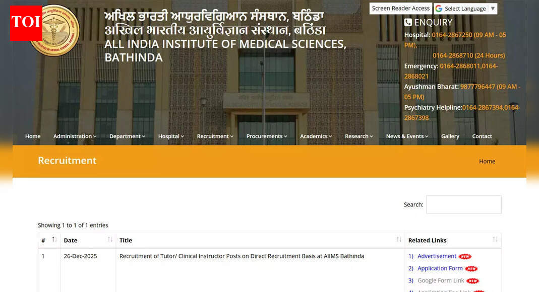 AIIMS Bathinda recruitment 2025: Apply online for Tutor and Clinical Instructor posts at aiimsbathinda.edu.in