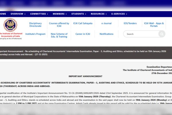 ICAI reschedules CA Intermediate exam Paper 5 for 2026: Check revised date and official notice here