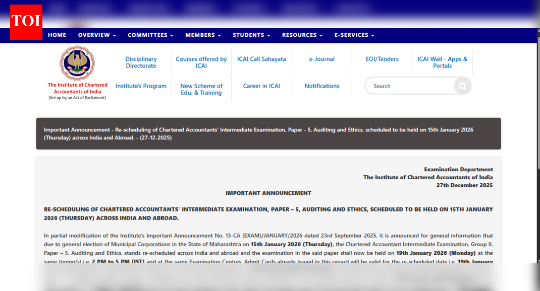 ICAI reschedules CA Intermediate exam Paper 5 for 2026: Check revised date and official notice here