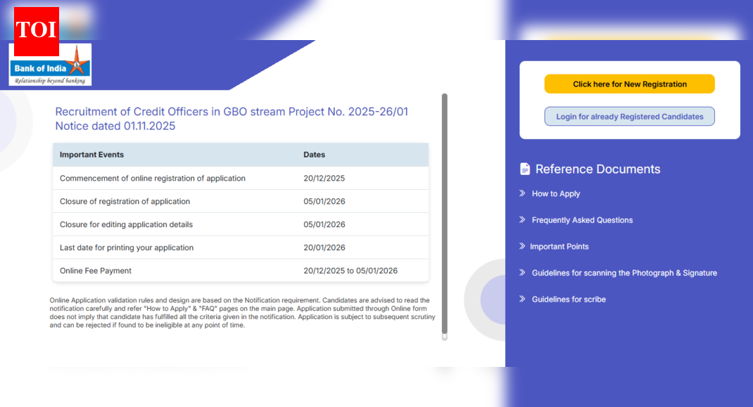 Bank of India recruitment 2025-26: Registration window opens for 514 Credit Officer posts; direct link to apply here