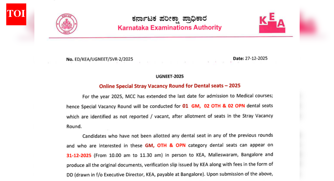 Karnataka NEET UG counselling 2025: Special stray vacancy round for dental seats announced; check details here