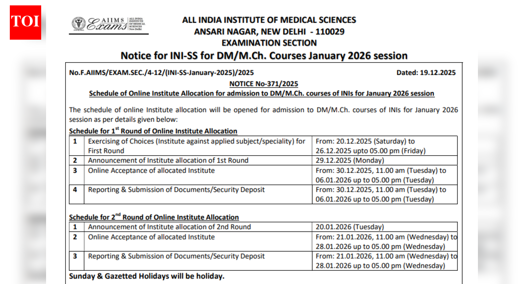 AIIMS INI SS counselling 2025 round 1 seat allotment result today: Check steps to download here