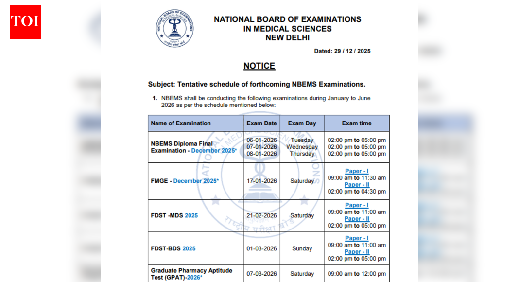 NBEMS releases tentative exam schedule 2026 for various medical courses: Check dates here