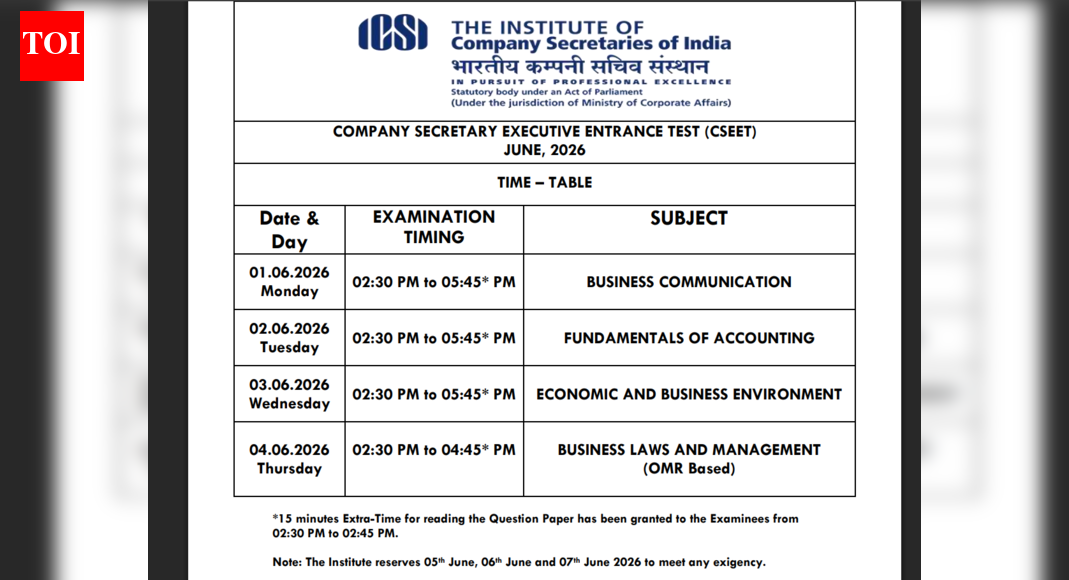 ICSI CSEET June timetable 2026 released at icsi.edu: Check details here