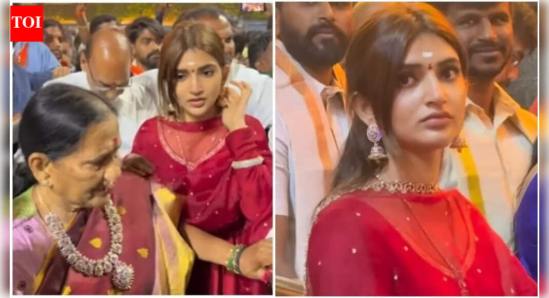 Sreeleela gets mobbed during Tirupati visit; actress shields grandmother amid crowd