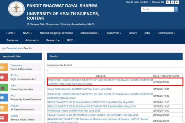 UHSR results 2025 for B.Pharmacy and other courses released at uhsr.ac.in; download PDF