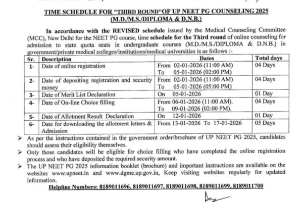UP NEET PG counselling 2025 round 3 schedule released; registration begins on this date: Check details here
