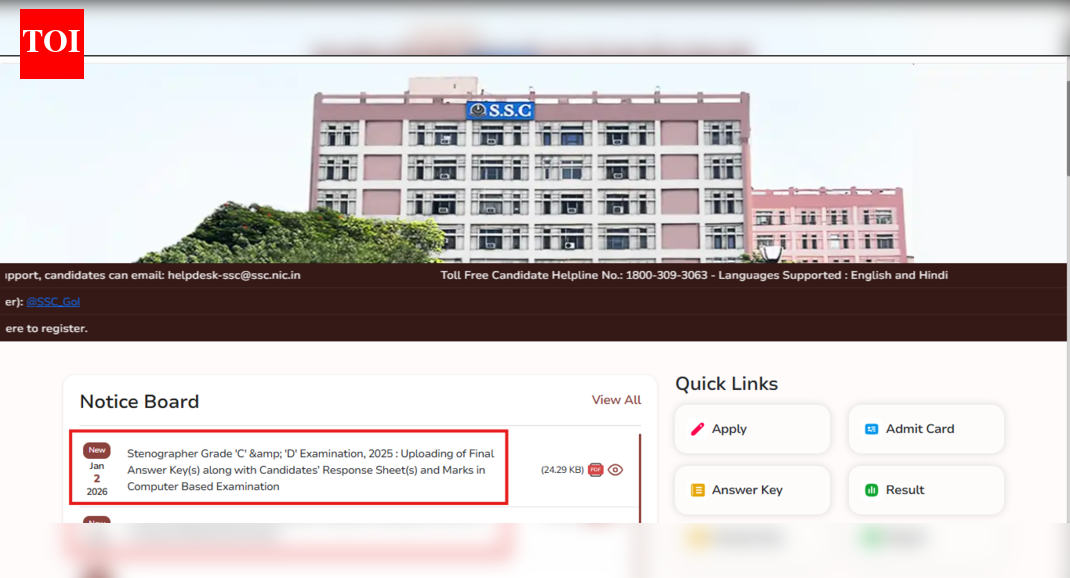SSC Stenographer Grade C and D final answer key, response sheets released at ssc.gov.in: Direct link to download here