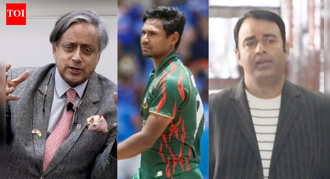 Congress MP Shashi Tharoor, left, Mustafizur Rahman, middle, and BJP leader Sangeet Som NEW DELHI: Kolkata Knight Riders (KKR) on Saturday released Bangladeshi fast bowler Mustafizur Rahman from their IPL 2026 squad following a directive from the Board of Control for Cricket in India (BCCI).KKR had picked Mustafizur Rahman for Rs 9.20 crore at the IPL auction held in December. However, his selection triggered a political backlash in India after reports emerged of recent mob violence and lynching incidents involving Hindu minorities in Bangladesh.Following the BCCI’s directive, Mustafizur Rahman will not be part of the IPL 2026 season, and the franchise has been permitted to name a replacement player in accordance with league rules.In a media advisory, KKR said, “Kolkata Knight Riders confirms that BCCI/IPL as the regulator of IPL has instructed it to release Mustafizur Rahman from the squad ahead of the upcoming Indian Premier League (IPL) season.” The franchise added that the release was carried out after due process and consultations, and that the BCCI would allow a replacement player as per IPL regulations.Also read | Mustafizur Rahman out of IPL 2026: Will KKR get their Rs 9.20 crore back?The controversy drew reactions from political leaders, with Congress MP Shashi Tharoor coming forward in Mustafizur Rahman’s support, while the BJP strongly opposed his selection and targeted KKR co-owner Shah Rukh Khan, calling him a “traitor.”Congress supports cricketer, questions BCCICongress MP Shashi Tharoor said sports should be separated from political tensions. “Cricket should not be made to bear the burden for attacks on minorities in Bangladesh,” he told reporters, adding that Mustafizur Rahman had no role in the violence.“Mustafizur Rahman is a cricketer and has nothing to do with any of these things. He has not been personally accused of any hate speech or condoning or defending any attacks. Mixing these two things is simply not fair,” Tharoor said.Also read | ‘Who are we punishing?’: Shashi Tharoor slams ‘mindless politicising of sport’ after KKR release Bangladesh player Mustafizur RahmanHe also cautioned against isolating neighbouring countries. “If we become a country that isolates all of our neighbours, and say nobody is playing with any of them, how does it do any good? It is purely a sporting decision, and we should not let politics come into this,” he added.Congress leader and Karnataka Minister Priyank Kharge criticised the BJP for targeting the IPL franchise, saying overseas players participate in the league as per BCCI and IPL rules.In a post on X, Kharge said, “The BJP and their ‘Vichar Parivaar’ are outraged over the inclusion of a Bangladeshi player in the IPL. If an overseas player is in IPL, it is because BCCI or the IPL rules allow him. Instead of blaming the franchise, shouldn’t the BJP leaders ask why BCCI is allowing Bangladesh players to participate in IPL, when they should be banning it.”He further cited past instances to criticise BJP leaders. “The same BJP leaders have no problem when: India played with Pakistan soon after the Pahalgam attack. IPL shifted matches to Islamic countries during COVID. IPL auctions are held in Islamic countries… For BJP, ‘nationalism’ appears only when it suits their politics,” Kharge added.Congress MP Tariq Anwar defended KKR co-owner Shah Rukh Khan, calling it inappropriate to target the actor. He said foreign players can only be included after due permission from cricketing authorities and under international norms.Reacting to the controversy, Congress leader Supriya Shrinate said the focus should be on who permitted Bangladeshi players to be included in the IPL auction in the first place.Speaking to ANI, she said, “First of all, I want to ask who put the Bangladeshi players in that pool. This question is for the BCCI and the ICC. Home Minister’s son, Jay Shah, should answer who put the Bangladeshi players in the pool where IPL players are bought and sold, the pool where the players’ auction takes place… he is the ICC’s chief and the main decision-maker in cricket all around the world.”BJP welcomes BCCI decisionBJP leader Sangeet Som welcomed the BCCI’s decision and launched a sharp attack on Shah Rukh Khan, calling him a “traitor.” He cited repeated violence against religious minorities in Bangladesh and claimed Mustafizur Rahman would not be allowed to play in the IPL.“Despite all this, traitors like Shah Rukh Khan… invest it in players from a country that is working against India,” Som told ANI, adding that the cricketer would not be able to play in the tournament.Uttar Pradesh Minister Narendra Kashyap also praised the BCCI’s move, saying it respected national sentiment. “We welcome the decision of the BCCI that they understood the sentiments of the nation and removed the Bangladeshi player,” he said.Madan Lal backs Shah Rukh KhanFormer India cricketer Madan Lal and World Cup winner supported Shah Rukh Khan, saying the actor had no role in team selection.“This is the decision of the BCCI and the Central government must have taken this decision, given the atrocities are being committed against Hindus in Bangladesh,” he told ANI.He added, “There is no fault of Shah Rukh Khan as they have the team who picks the team.”Mixed reactions continueNational President of the All India Muslim Jamaat, Maulana Shahabuddin Razvi Barelvi, said there was no act of betrayal in Shah Rukh Khan selecting a Bangladeshi player.Meanwhile, Imam Umer Ahmed Ilyasi of the All India Imam Organisation said Shah Rukh Khan should apologise to the nation over the selection.Shiv Sena leader Sanjay Nirupam had urged Shah Rukh Khan to remove the Bangladeshi player, saying it would protect India’s interests and prevent the actor from becoming a target.Also read | Another Hindu dies in Bangladesh: Khokon Das succumbs to injuries after 3 days; was set ablaze by mobHindus in Bangladesh have been victims of mob violence and lynching in the aftermath of protests and the killing of student leader Osman Hadi. On December 18, 2025, Dipu Chandra Das was beaten to death by a mob over alleged blasphemy charges in Bangladesh’s Mymensingh district. In another incident, a Hindu youth, Amrit Mondal, was lynched in Rajbari district, triggering protests and strong reactions in India.About the AuthorTOI News DeskThe TOI News Desk comprises a dedicated and tireless team of journalists who operate around the clock to deliver the most current and comprehensive news and updates to the readers of The Times of India worldwide. With an unwavering commitment to excellence in journalism, our team is at the forefront of gathering, verifying, and presenting breaking news, in-depth analysis, and insightful reports on a wide range of topics. The TOI News Desk is your trusted source for staying informed and connected to the ever-evolving global landscape, ensuring that our readers are equipped with the latest developments that matter most.”Read MoreEnd of ArticleFollow Us On Social MediaVideosHimachal College Horror: Student Dies After Alleging Sexual Harassment, RaggingIndia Reveals First Vande Bharat Sleeper Offering Faster Overnight Travel On Kolkata-Guwahati LineHindu Businessman Khokon Das, Hacked And Set Ablaze By Mob in Bangladesh, Dies 3 Days After Attack‘Slavery Destroys Heritage’: PM Modi’s Big Message After Unveiling Sacred Buddha Piprahwa RelicsBCCI Asks KKR To Release Bangladesh Player From IPL After Outrage Over Attacks On Hindu MinoritiesGovt Sends Notice To Elon Musk’s X On Grok AI Chatbot Misuse, IT Ministry Seeks Action ReportUttarakhand Minister’s Husband Sparks Outrage With ‘Bihar Girls’ Remark, Congress Hits Out At BJPPakistan Backs China’s Claim That It Mediated In Conflict With IndiaShankh Air Founder Speaks Out As Airline Eyes March Launch, Targets Intl Flights By 2029’Their Islamist Ideas…’: Ex-Bangladesh Minister Hits Out Over Attacks on Hindus And Christians123PhotostoriesKrystle D’Souza’s roles that defined her TV career: ‘Ek Hazaaron Mein Meri Behna Hai’ to ‘Belan Wali Bahu’:TV celebrities’ cutest baby name choices: From Bharti Singh-Harsh Limbachiyaa’s Gola to Nakuul Mehta-Jankee Parekh’s Sufi and Rumi8 short and engaging books you can read in a single day8 traditional and comforting Maharashtrian rice dishes that are worth a tryTravel trend 2026: 5 destinations in Asia perfect for slow travel and ‘quietcations’Krystle D’Souza’s stunning ethnic fashion diaryLord Chandra Names According To Your Birth Date10 must-visit January events in Delhi you can’t missFrom ‘Saiyaara’ heartbreak to ‘FA9LA’ swagger and ‘Name Chale’ grit: Songs that turned 2025 into loudest viral soundtracksWhy some teens can’t get along with their parents: Sadhguru explains the real reason for the clash123Hot PicksOperation SindoorVande Bharat Sleeper TrainJanuary Bank holidayGold rate todayIncome Tax RefundBahrain Golden Visa 2025Bank Holidays DecemberTop TrendingSan Francisco 49ersBrittany MahomesNoah Lyles and Junelle Bromfield Net WorthWayne Gretzky Daughter Net WorthSidney Crosby LifestyleLeBron James vs Stephen Curry Net WorthTom BradyLeBron James WifeCam ThomasCharlie Kirk