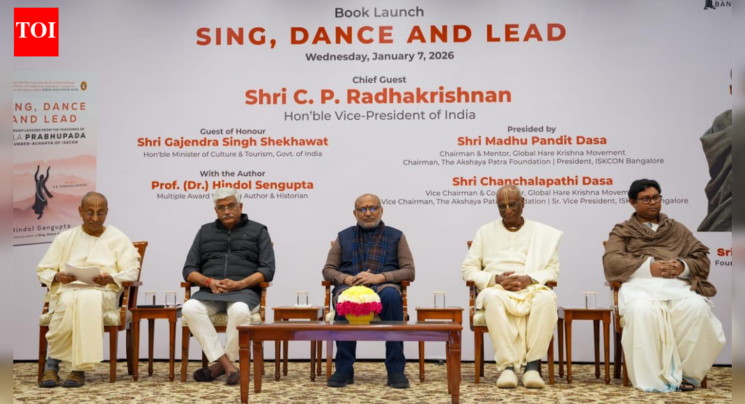 NEW DELHI: Vice President CP Radhakrishnan on Wednesday said that democratic institutions derive their strength from trust and moral responsibility, not from procedures alone.Radhakrishnan was speaking in New Delhi at the release of a book titled, ‘Sing, Dance and Lead: Leadership Lessons from the Life of Srila Prabhupada.’“Leadership, particularly in public life, is the force that shapes society’s direction. Democratic institutions thrive not merely on procedures, but on trust and moral responsibility,” he said.Speaking at the event, the Vice President described the book as a timely reflection on leadership rooted in values rather than authority. “Today’s launch of Sing, Dance and Lead marks a moment of reflection on leadership as a way of life, rooted in values, service, discipline, and joy, rather than authority or power,” he said. Referring to Srila Prabhupada’s life journey, he added, “His leadership proves that nothing is ever too late – only values and effort matter, as demonstrated by his historic journey at the age of 70.”Union minister for culture and tourism Gajendra Singh Shekhawat also attended the event, along with Madhu Pandit Dasa, founder and chairman of The Akshaya Patra Foundation and president of Iskcon Bengaluru, and Chanchalapathi Dasa, vice-chairman and co-founder of The Akshaya Patra Foundation and senior vice president of Iskcon Bengaluru.About the AuthorTOI News DeskThe TOI News Desk comprises a dedicated and tireless team of journalists who operate around the clock to deliver the most current and comprehensive news and updates to the readers of The Times of India worldwide. With an unwavering commitment to excellence in journalism, our team is at the forefront of gathering, verifying, and presenting breaking news, in-depth analysis, and insightful reports on a wide range of topics. The TOI News Desk is your trusted source for staying informed and connected to the ever-evolving global landscape, ensuring that our readers are equipped with the latest developments that matter most.”Read MoreEnd of ArticleFollow Us On Social MediaVideosUS Issues Blunt Warning To Indian Students: Breaking Laws May Cost Visas, Careers And Future DreamsCongress-BJP Tie-Up Claims In Ambernath Create Rift, Put Mahayuti Alliance Under Fresh Strain“Worst Kind of Discrimination in PoJK”: UKPNP Chairman Flags Deepening CrisisNo Compromise On Terror: PM Modi, Benjamin Netanyahu Reaffirm India Israel Strategic PartnershipOwaisi Slams MCD Demolition, Says Turkman Gate Land Fully Belongs To WaqfNehru Catered To Liaquat Ali Khan, Ignored Somnath History: BJP MP Sudhanshu TrivediUS FARA Filings Expose How Pakistan Lobbied Washington To Somehow Stop India’s Operation Sindoor’Gave Fundamental Confidence’: Jaishankar Cites Nuclear Tests, Stresses Strategic AutonomyBangladesh: Hindu Man Mithun Sarkar Drowns After Jumping In Canal To Escape Chasing MobPakistan Army’s Daring Challenge Targets India, Afghanistan As Terror Allegations And Threats Rise123Photostories5 adorable-looking animals that are surprisingly deadly5 red flags people often ignore in friendships (But shouldn’t!)6 classic non-vegetarian Cutlets to enjoy during winter monthsVijay’s ‘Jana Nayagan’ to Prabhas’ ‘The Raja Saab’: Biggest South releases for Pongal 2026Can you guess the temples and places featured on INR 10, 20, 50, 100, 200 and 500 currency notes?How to add smoky flavour to winter dishes without using a tandoor at home”I just read somewhere that 20% of American meals are consumed in a car!” Sadhguru shares tips on the right way to eat foodRepublic Day 2026 long weekend travel ideas from Delhi-NCR; places to go, things to doMumbai’s busiest suburban corridor on Western Railway is set for major safety upgrade: What we knowBengaluru breathes easy: Hebbal flyover cuts traffic chaos to just 2 minutes (Photos)123Hot PicksBudget 2026Venezuela NewsGold rate todayStock Market TodayCigarette price hikePublic holidays January 2026Bank Holidays JanuaryTop TrendingNikki Bella BoyfriendTommy Fleetwood and Clare FleetwoodKarl Anthony Town FianceeIndia Apache DealDelhi Air PollutionWipro Work From Office RuleMustafizur RahmanGreenland RowVenezuela Presidential Palace GunfireHouse GOP members
