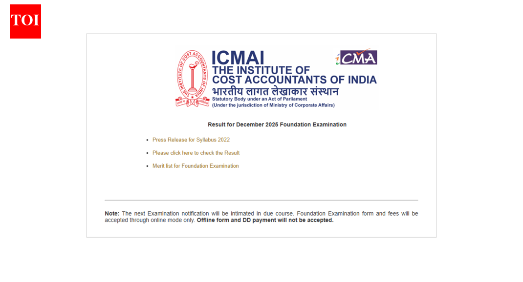ICMAI CMA Foundation December 2025 result declared: Direct link to check merit list here