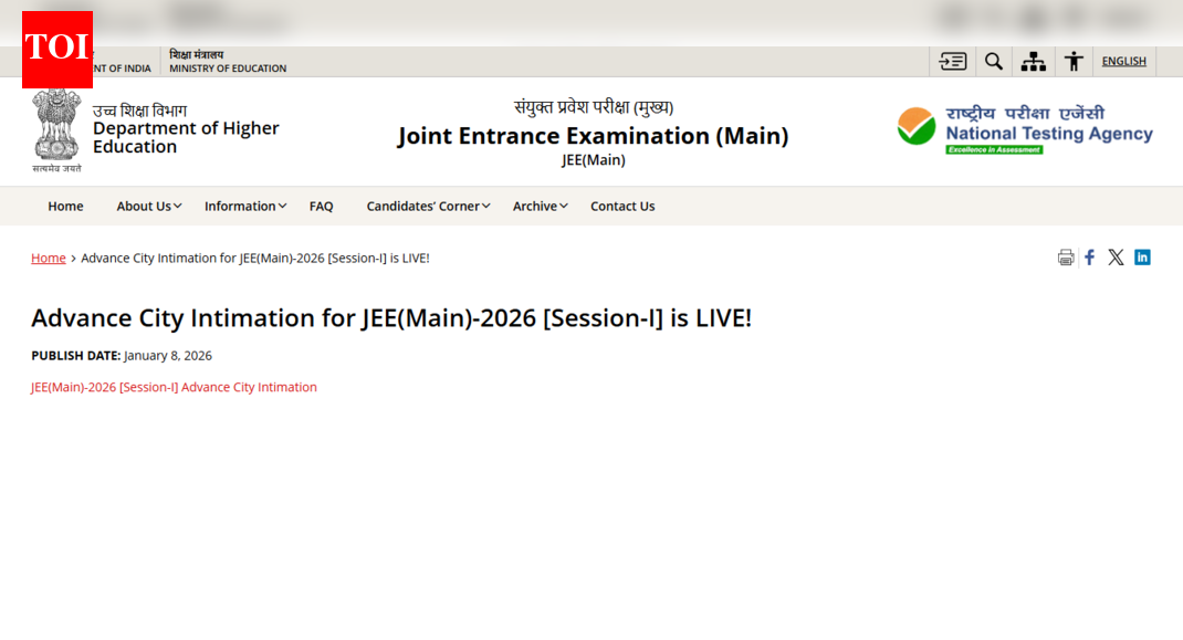 JEE Main 2026 city intimation slip for Session 1 released at NTA website: Direct link to download here