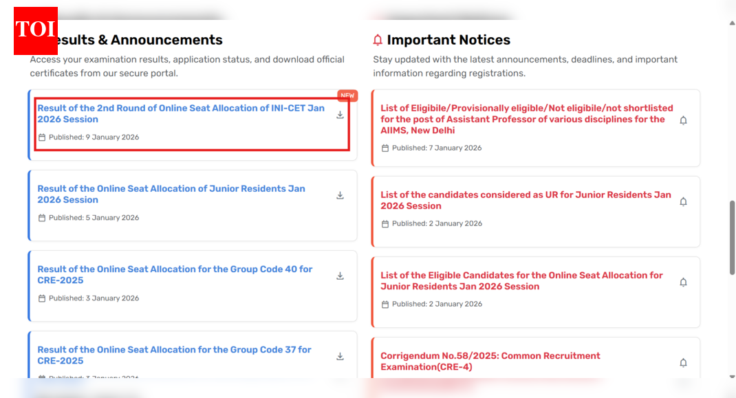 AIIMS INI CET January 2026 counselling round 2 seat allotment result released: Direct link to download here