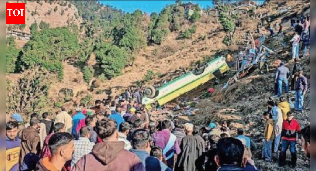Locals helping in rescue operation after a private bus fell from the road at Haripurdhar area in Sirmaur district on Friday SHIMLA: At least 14 passengers died, and 52 others were injured when the private bus carrying them plunged into a 500m-deep gorge near Haripurdhar in Himachal Pradesh’s Sirmaur on Friday. The 39-seater bus, moving from Shimla to Kupvi via Rajgarh, apparently lost control and rolled down the hillside roughly 140km into its journey. There were seven women and two children among the deceased. Police had yet to identify one woman victim. Nine of the victims were from Kupvi tehsil in Shimla district, while the others belonged to Ronhat, Dadahu, Nauradhar and Haripurdhar in Sirmaur district. Locals rushed to the scene to rescue survivors from the wreckage before police arrived. The injured were initially taken to hospitals in nearby Dadahu and Sangrah, while those critical were later transferred to Nahan Medical College and Solan Civil Hospital. Regional transport officer Sona Chandel said the bus owner held all mandatory documents. The vehicle had a valid permit until July 8, 2029, a fitness certificate valid till Feb 14, and insurance coverage until Feb 12. President Droupadi Murmu condoled the tragedy, terming it extremely heartbreaking. Himachal CM Sukhvinder Singh Sukhu directed district authorities to provide all possible assistance to the victims’ families and ensure the best medical care for the survivors.End of ArticleFollow Us On Social MediaVideosCEPA A Win-Win For India And Chile, Key Focus On Market Access And Minerals: Chile EnvoyMamata Banerjee Hits Streets, Leads Kolkata Rally Against ED RaidsAfter Meeting PM Modi, AI Innovators Share Insights That Could Change The GameAmit Shah Outlines Foolproof NIDMS Mechanism To Counter Future Terror AttacksIndia No Longer Imports Arms, UP Leads Defence Manufacturing: Rajnath Singh’Not Accurate’: India Hits Back After Trump Aide Blames PM Modi For Delayed Trade DealMEA Calls For Firm Action As India Flags Disturbing Pattern Of Attacks On Minorities In BangladeshPM Modi To Host German Chancellor Merz In Gujarat As India-Germany Ties Enter Strategic Phase’PM Modi-Trump Held 8 Calls In 2025′: India Rejects Lutnick’s Claim On Stalled Trade AgreementThe Day CBI Arrested Indira Gandhi And Sonia’s Pasta Maker That May Have Saved The Day For Cong123PhotostoriesBirthday special: Hrithik Roshan’s social media moments with Saba Azad and familyBirthday Special: Hrithik Roshan’s movies to watch on OTTTaarak Mehta Ka Ooltah Chashmah: From calling Dilip Joshi the ‘pillar of the show’ to reacting to Disha Vakani aka Dayaben’s return, Sharad Sankla aka Abdul gets candid7 moon-kissed baby names for your little princessCurry-smelling kangaroos to banana bees: 6 animals that surprisingly smell like foodWhat teachers wish parents understood‘Hum Paanch’, ‘Dekh Bhai Dekh’, ‘Yes Boss’: Top TV comedy shows from the 90What students learn in school beyond the syllabusFrom ‘Highway’ to ‘Chhichhore’: 5 times mainstream films embraced unconventional charactersSadhguru’s Drumstick Soup is a winter must-have; recipe inside123Hot PicksTrump Mexico NewsTrump Denmark NewsGold rate todayBengaluru newsCigarette price hikePublic holidays January 2026Bank Holidays JanuaryTop TrendingCandace OwensTommy Fleetwood and Clare Fleetwood Net WorthTravis KelceICE Shooting VictimSarfaraz KhanRic Flair Net Worth in 2025Patrick Mahomes InjuryUnion BudgetWPL Live ScoreStefon Diggs