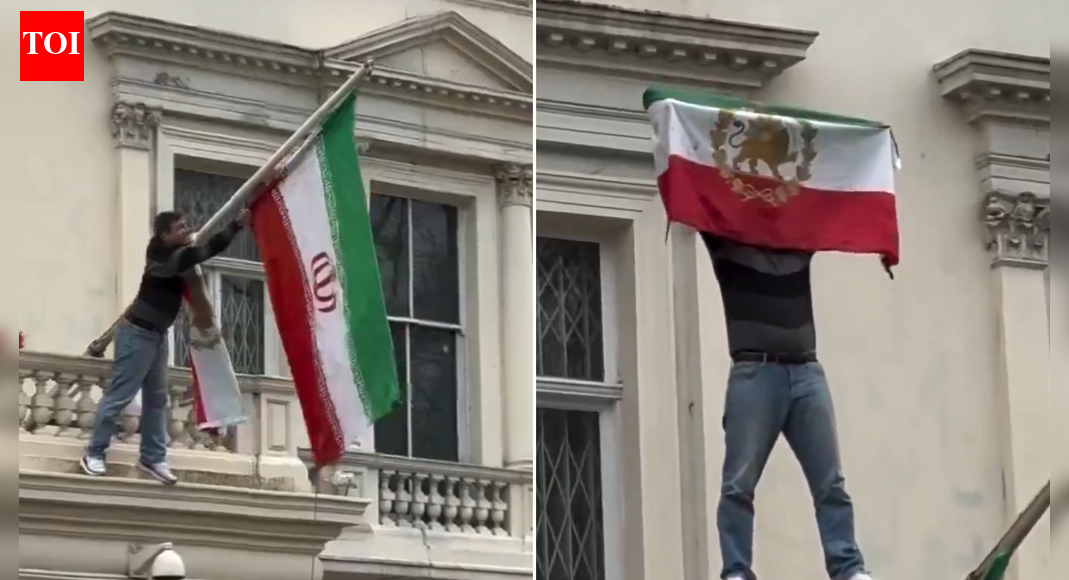Anti-Khamenei stir in London: Protester puts pre-Islamic revolution flag on Iran embassy—watch