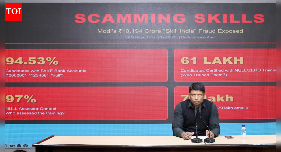 NEW DELHI: Demanding a thorough investigation into “betrayal of youth”, Congress on Monday claimed that the CAG has exposed a “massive scam” in the Pradhan Mantri Kaushal Vikas Yojana (PMKVY) which runs into thousands of crores with alleged fake beneficiaries and absentee trainers.Congress leader and former IAS officer Kannan Gopinathan said the recent CAG report on PMKVY from 2015 to 2022 found that the govt distributed Rs 10,000 crore in the seven years, but 94.5% of beneficiaries’ bank accounts turned out to be fake, 96% had fake mobile numbers, and 97% had fraud assessor details. He said information about 61 lakh trainers under the scheme was incomplete.Interestingly, Gopinathan said that the CAG found that one crore persons who completed the training under the scheme had the same email and mobile phone numbers.Quoting the CAG report, he said the audit, which examined PMKVY 2.0 and PMKVY 3.0, including short-term training, recognition of prior learning, and special projects — revealed weak oversight, widespread data manipulation, financial mismanagement, and violations of basic eligibility norms.According to Gopinathan, an analysis of nearly 60.7 lakh candidates in roles requiring education above Class 9 showed that education data of around 6.8 lakh candidates was missing, while nearly 8.1 lakh candidates did not meet minimum educational criteria. Out of a little over 1.2 lakh candidates certified for roles requiring prior technical education, a high 85.4% had only basic literacy or general education.End of ArticleFollow Us On Social MediaVideos“Deeply Impressed,” CEOs Share Takeaways After Meeting PM Modi | VideoFrom Defence To AI: PM Modi Urges German CEOs To Make India Their Global Manufacturing Base’Real Friends Always…’: Trump’s New Envoy Sergio Gor Pledges To Reset India-US TiesNot Trade Or Defence: Why Four-Year Old Baby Ariha Shah Became Key Topic In Modi–Germany TalksAAP’s Raghav Chadha Turns Blinkit Delivery Agent for a Day Amid Gig Workers’ Row’Will Come to Mumbai, Try Cutting My Legs: Annamalai Hits Back at Raj ThackerayIndia Tests Indigenous Fire And Forget Anti-Tank Missile With Top Attack Strike On Moving TargetsShaksgam Valley Row Deepens As China Rejects India’s Claim And Defends CPEC Infra Project With PakIndia To Join Pax Silica As US Signals New Tech Trust Despite Trade Tensions And Tariff DisputesGerman Chancellor Merz Hails India-Germany Ties, Pushes For ‘Economically Meaningful’ India-EU FTA123PhotostoriesHow to make Halwai Style Aloo Sabji at homeFrom mindful portions to intermittent fasting: When Taarak Mehta Ka Ooltah Chashmah’s Munmun Dutta gave a peek into her disciplined diet and daily routineTimothée Chalamet to Jacob Elordi: The Men of the 2026 Golden Globes who delivered a masterclass in modern tailoringThalapathy Vijay’s ‘Jana Nayagan’ delayed: 8 must-watch OTT hits to streamTamil Nadu Assembly Elections 2026: Alliances, numbers and the battle for 234 seats5 jungle survival tips Bear Grylls swears by, and how they apply beyond the wildChef Sanjeev Kapoor shares 5 crunchy snack recipes to enjoy with chai during winter `Best horror dramas on Apple TV: ‘The Enfield Poltergeist’, ‘Servant’ and moreFrom Zubeen Garg death to ‘vote chori’: Key political issues in 2026 Assam Assembly polls10 poorest countries in the world123Hot PicksISRO PSLV-C62 missionTrump tariffsGold rate todayBengaluru newsCigarette price hikePublic holidays January 2026Bank Holidays JanuaryTop TrendingStephen Curry BrotherLebron JamesMatthew and Brady Tkachuks Combined Net WorthVanessa BryantBengaluru Girl RapeConnor McDavidISRO LaunchGeorge Valera Net WorthNandani SharmaDarius Slay