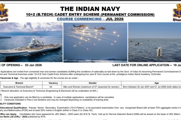 Indian Navy invites applications for 10+2 BTech Cadet Entry Scheme: Check details here