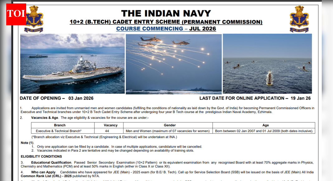 Indian Navy invites applications for 10+2 BTech Cadet Entry Scheme: Check details here