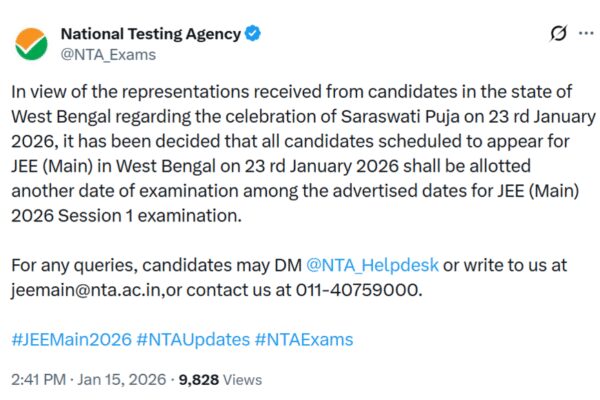 JEE Main 2026 Session 1: NTA reschedules January 23 exam for West Bengal candidates due to Saraswati Puja; check official notice