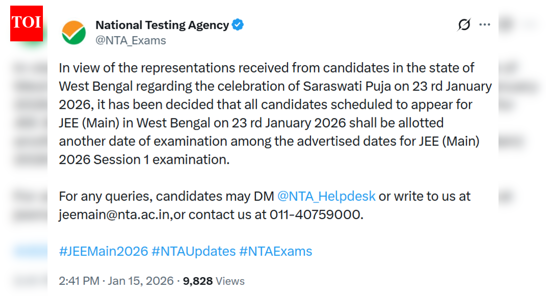 JEE Main 2026 Session 1: NTA reschedules January 23 exam for West Bengal candidates due to Saraswati Puja; check official notice
