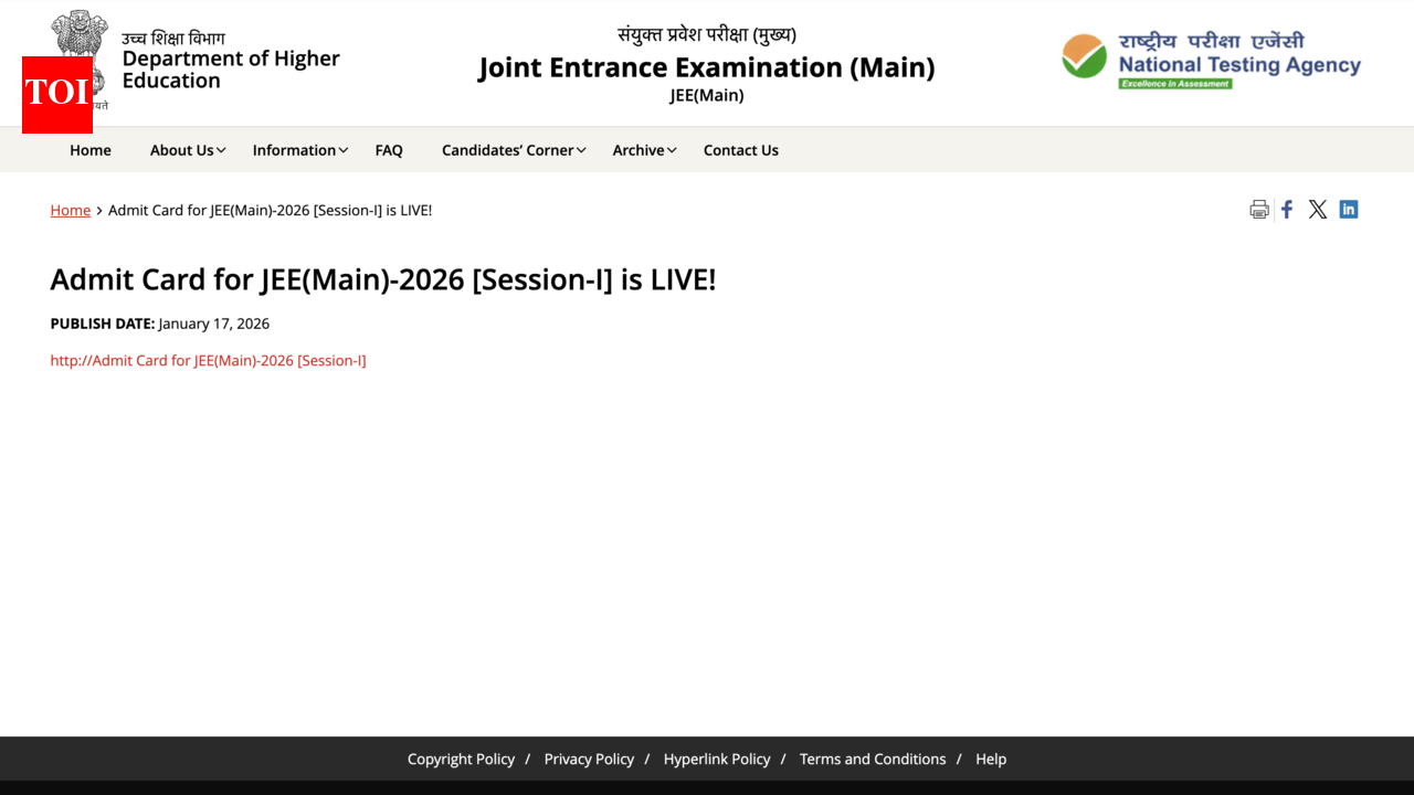 JEE Main 2026 admit card released: Check direct link, how to access session 1 hall ticket here