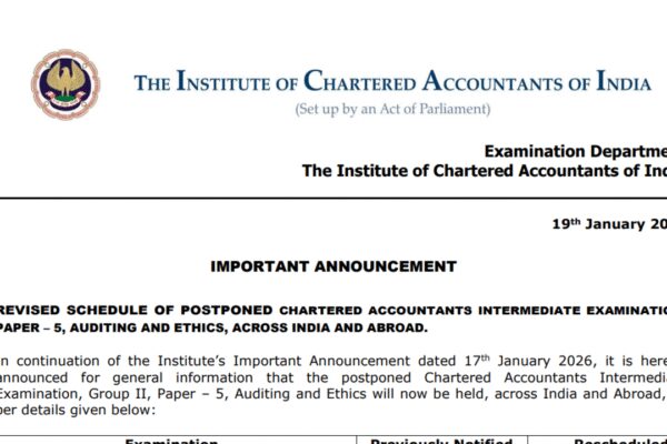 ICAI CA Intermediate January 2026 Auditing and Ethics paper postponed to this date: Check revised schedule