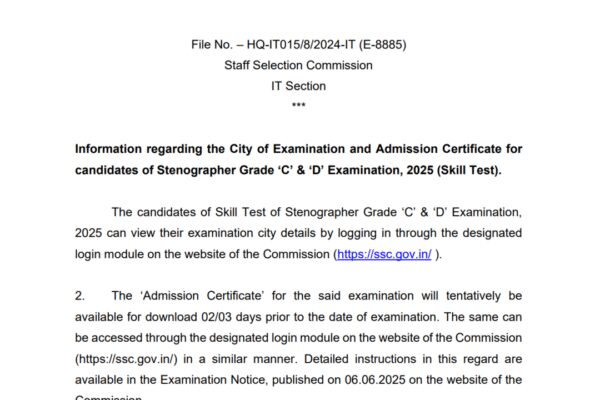 SSC Stenographer exam 2026 city intimation slip released: Check direct link to download here