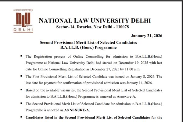 AILET 2026 2nd merit list released at nationallawuniversitydelhi.in: Direct link to download here