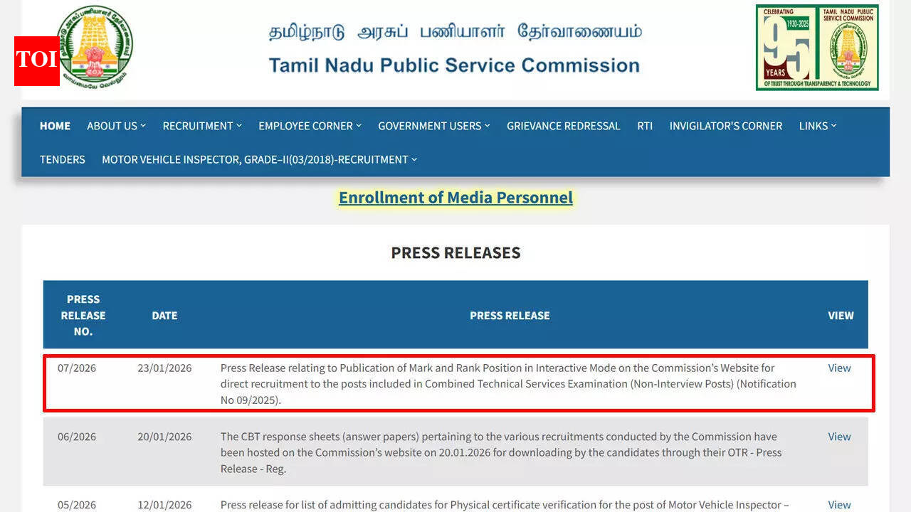 TNPSC releases marks and ranks for Combined Technical Services Examination 2025 at tnpsc.gov.in; download here