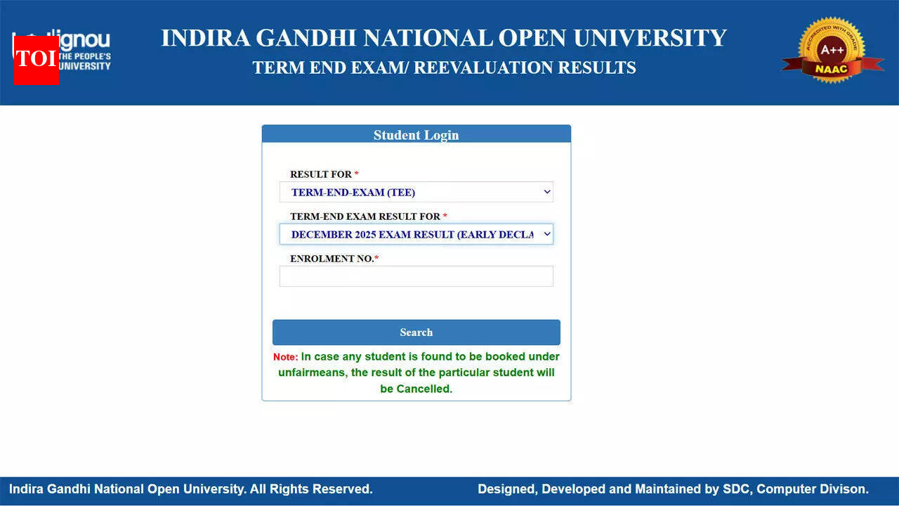 IGNOU December 2025 TEE result declared, check UG and PG scores online at ignou.ac.in now