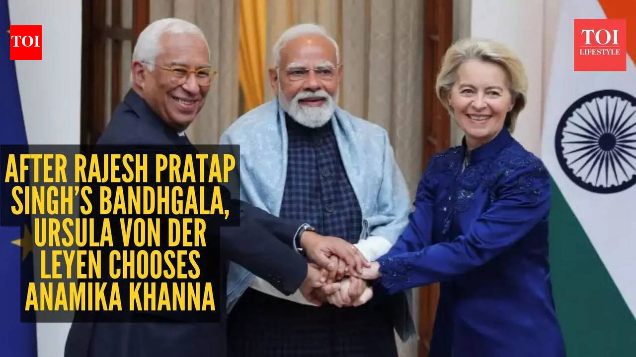 After turning heads in Rajesh Pratap Singh’s Banarasi jacket, Ursula von der Leyen steps out in Anamika Khanna’s Euro-blue Bandhgala